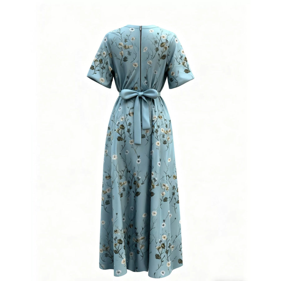 Floral Print Half Sleeve Maxi Dress with Pockets Teal / S Apparel and Accessories