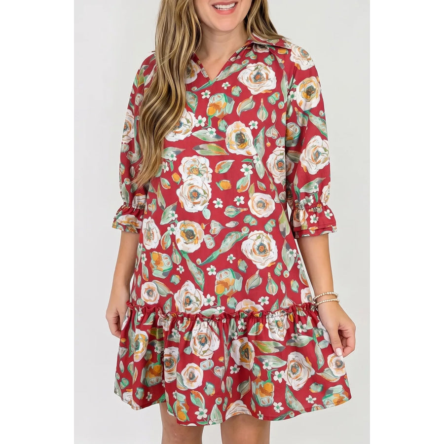 Floral Print Half Sleeve Short Shift Dress Rust / S Apparel and Accessories
