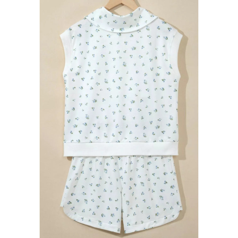 Floral Print Half Zip Top Matching Short Set Apparel and Accessories