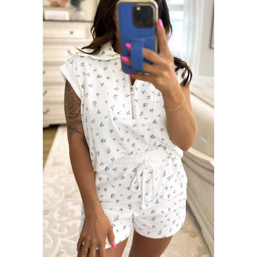 Floral Print Half Zip Top Matching Short Set Apparel and Accessories