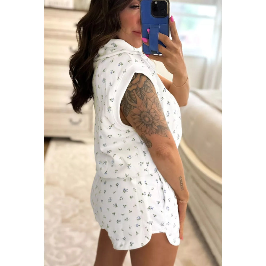 Floral Print Half Zip Top Matching Short Set Apparel and Accessories