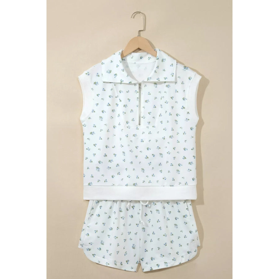Floral Print Half Zip Top Matching Short Set Apparel and Accessories