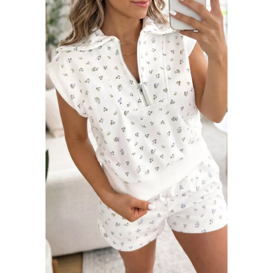 Floral Print Half Zip Top Matching Short Set White / S Apparel and Accessories