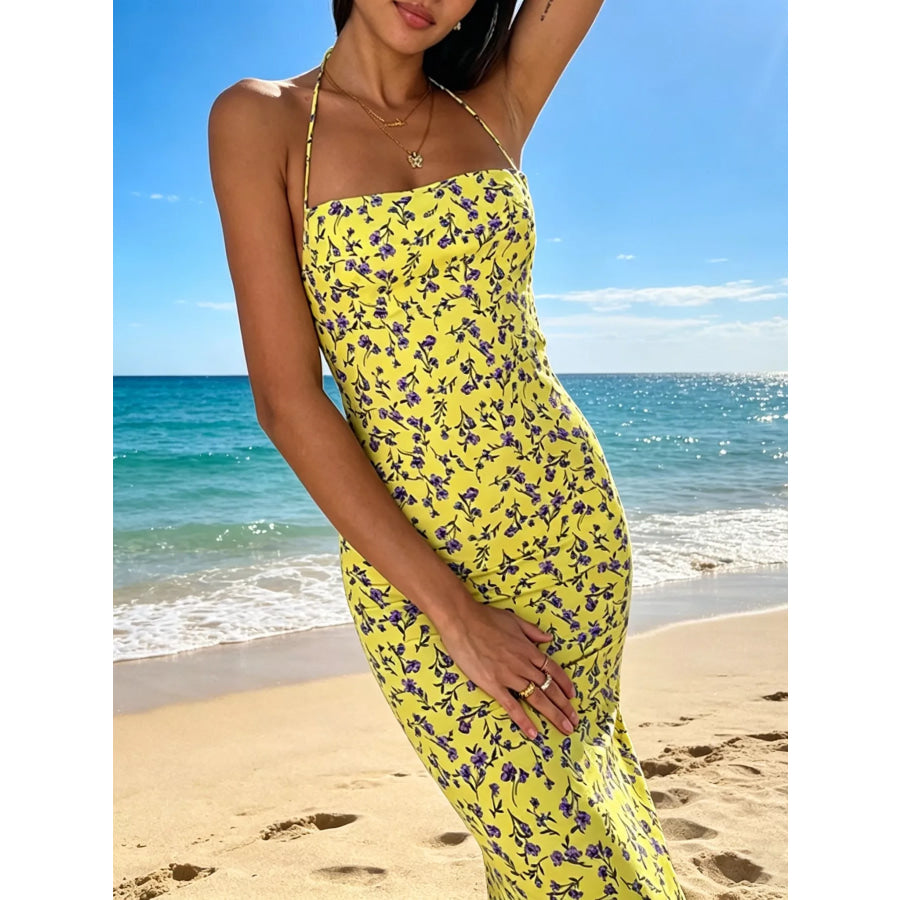 Floral Print Halter Neck Backless Slit Midi Dress Yellow / S Apparel and Accessories