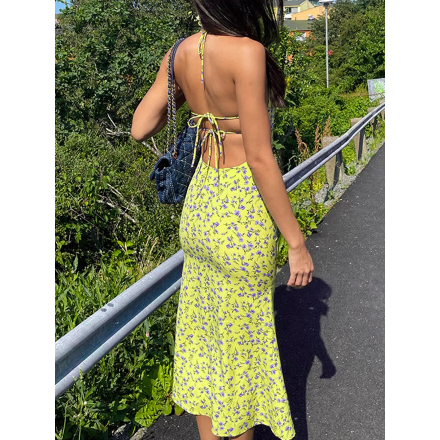 Floral Print Halter Neck Backless Slit Midi Dress Apparel and Accessories