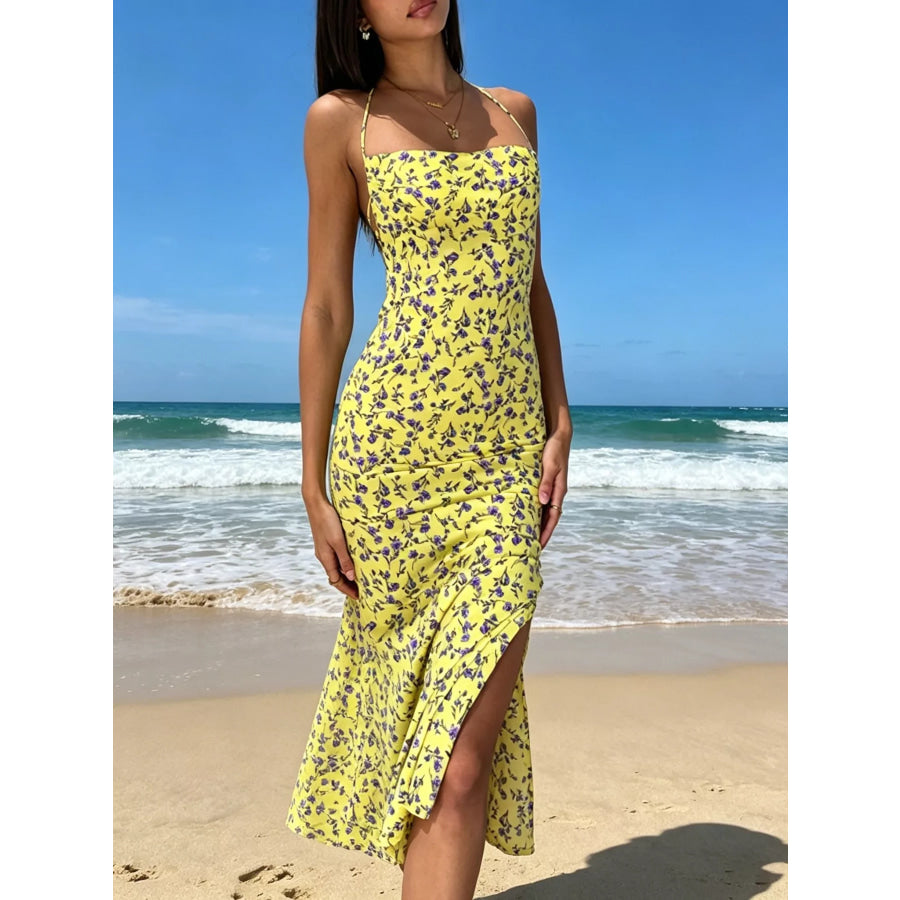 Floral Print Halter Neck Backless Slit Midi Dress Yellow / S Apparel and Accessories