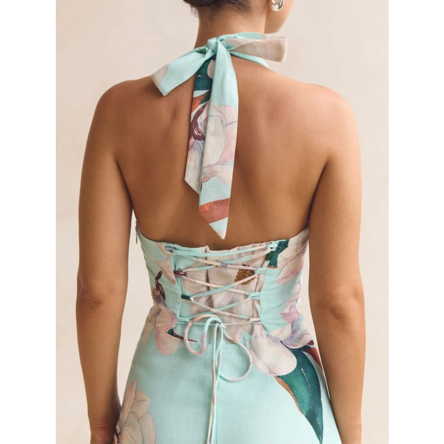 Floral Print Halter Neck Maxi Dress Apparel and Accessories