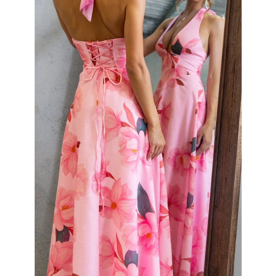 Floral Print Halter Neck Maxi Dress Apparel and Accessories