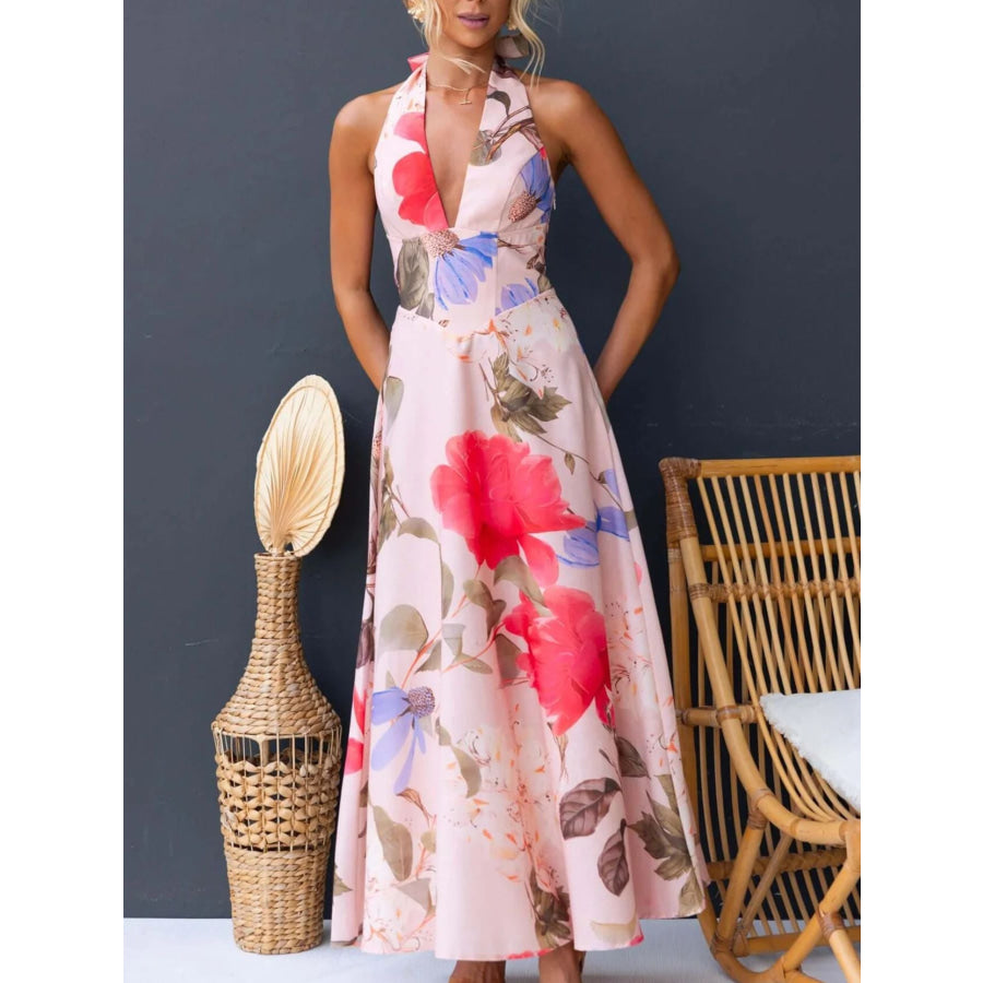 Floral Print Halter Neck Maxi Dress Apparel and Accessories