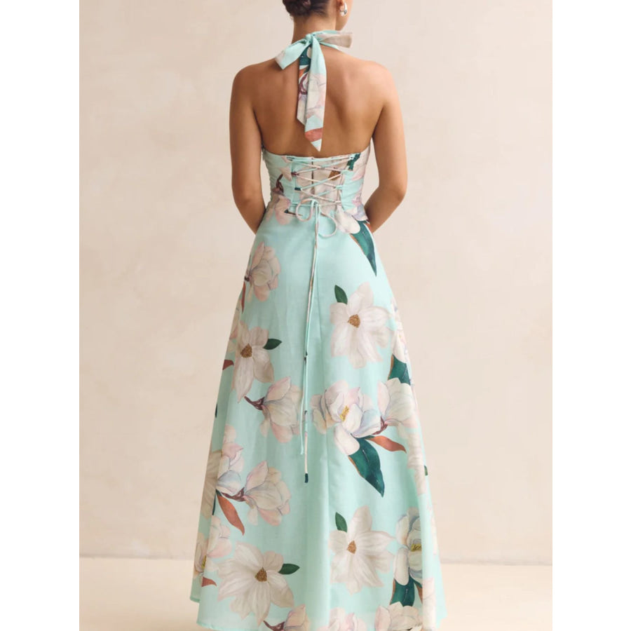 Floral Print Halter Neck Maxi Dress Apparel and Accessories