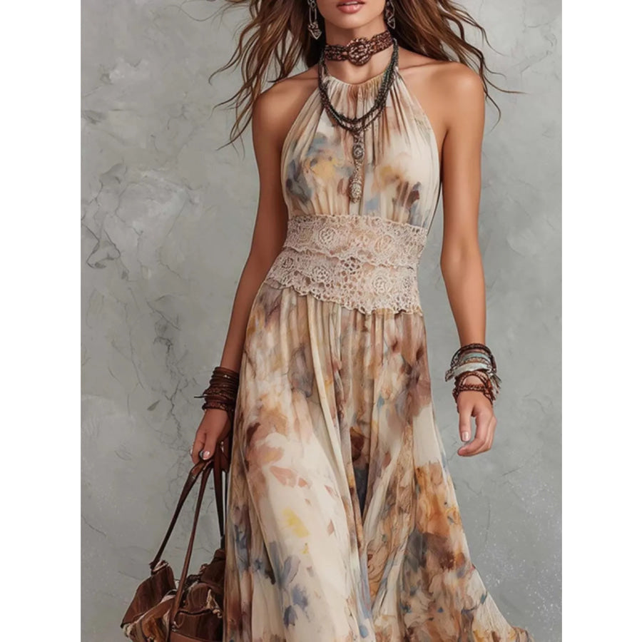 Floral Print Halter Neck Maxi Dress Apparel and Accessories