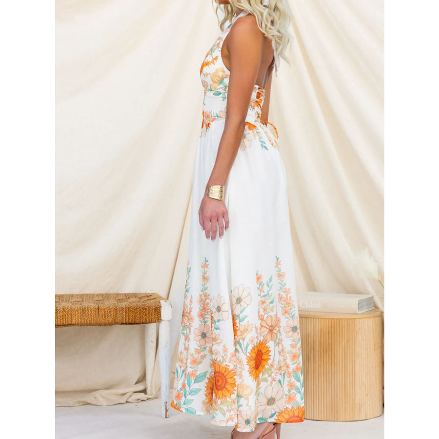 Floral Print Halter Neck Maxi Dress Apparel and Accessories