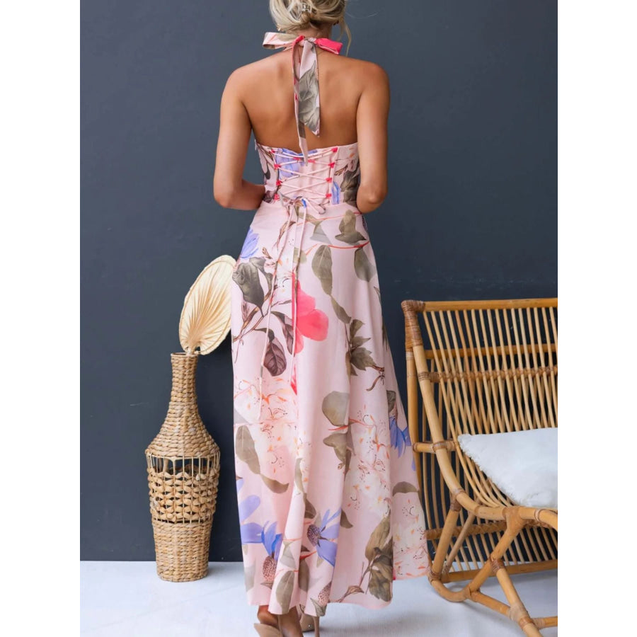 Floral Print Halter Neck Maxi Dress Apparel and Accessories