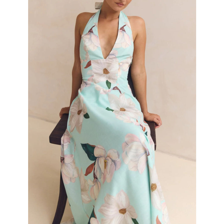 Floral Print Halter Neck Maxi Dress Apparel and Accessories