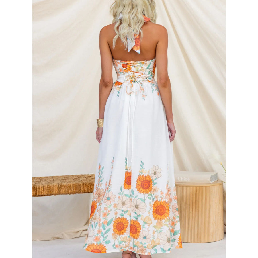 Floral Print Halter Neck Maxi Dress Apparel and Accessories