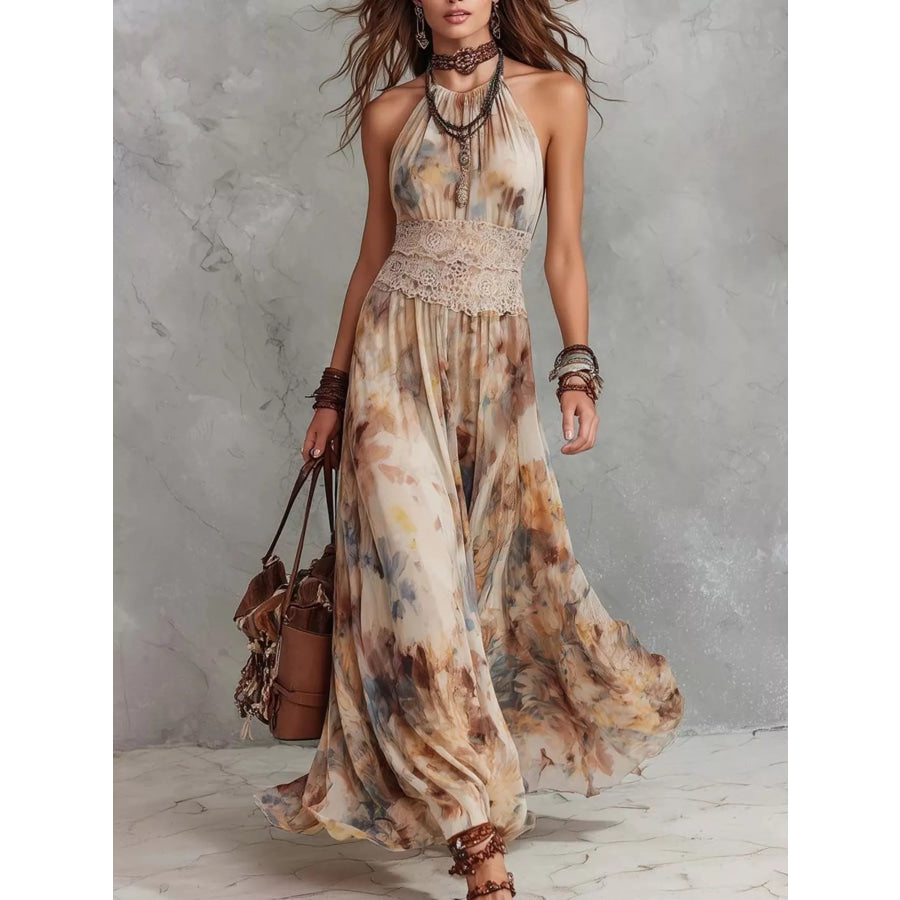 Floral Print Halter Neck Maxi Dress Apricot / S Apparel and Accessories