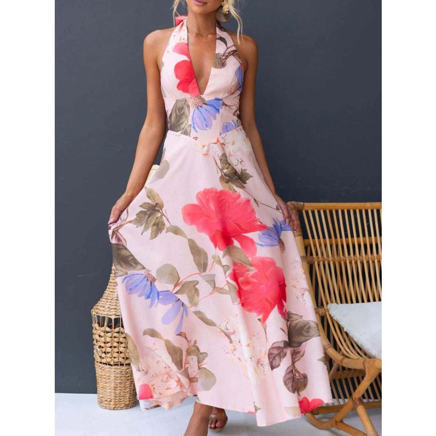 Floral Print Halter Neck Maxi Dress Beige / S Apparel and Accessories