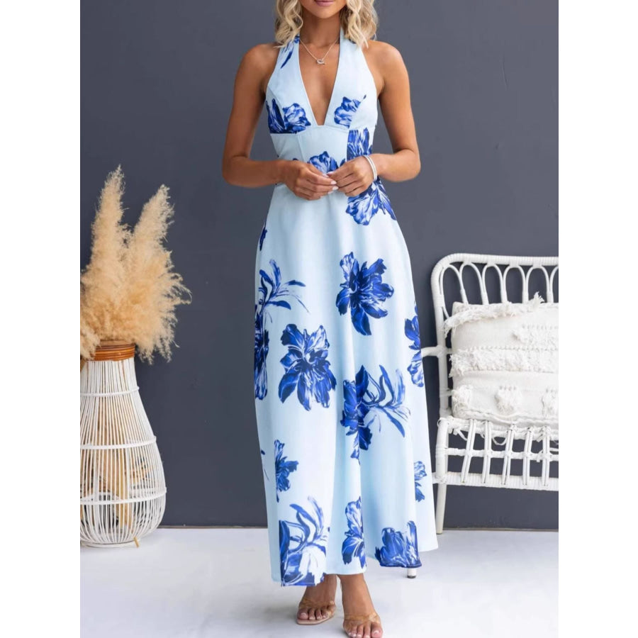 Floral Print Halter Neck Maxi Dress Blue / S Apparel and Accessories