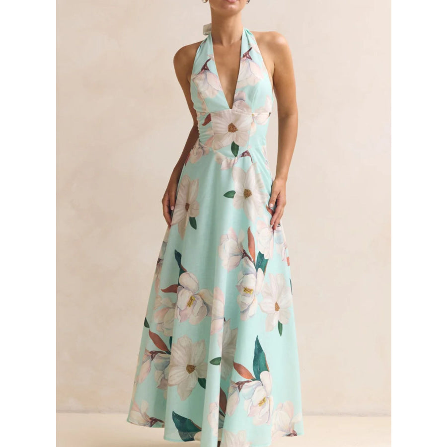 Floral Print Halter Neck Maxi Dress Green / S Apparel and Accessories