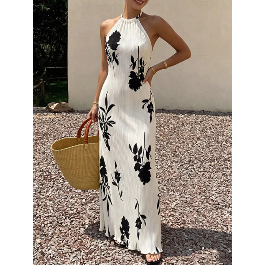 Floral Print Halter Neck Maxi Dress White / S Apparel and Accessories