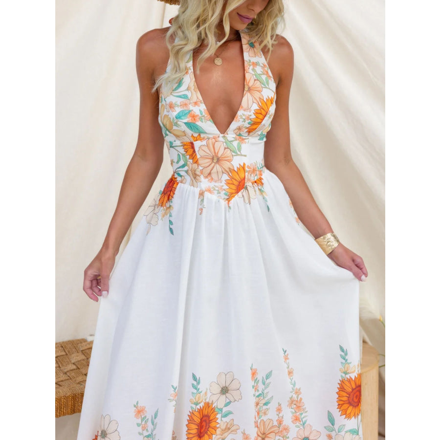 Floral Print Halter Neck Maxi Dress White / S Apparel and Accessories