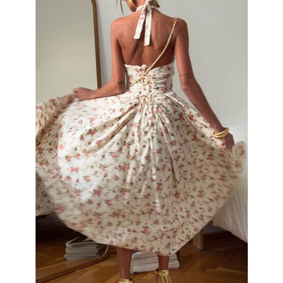 Floral Print Halter Neck Midi Dress Apparel and Accessories