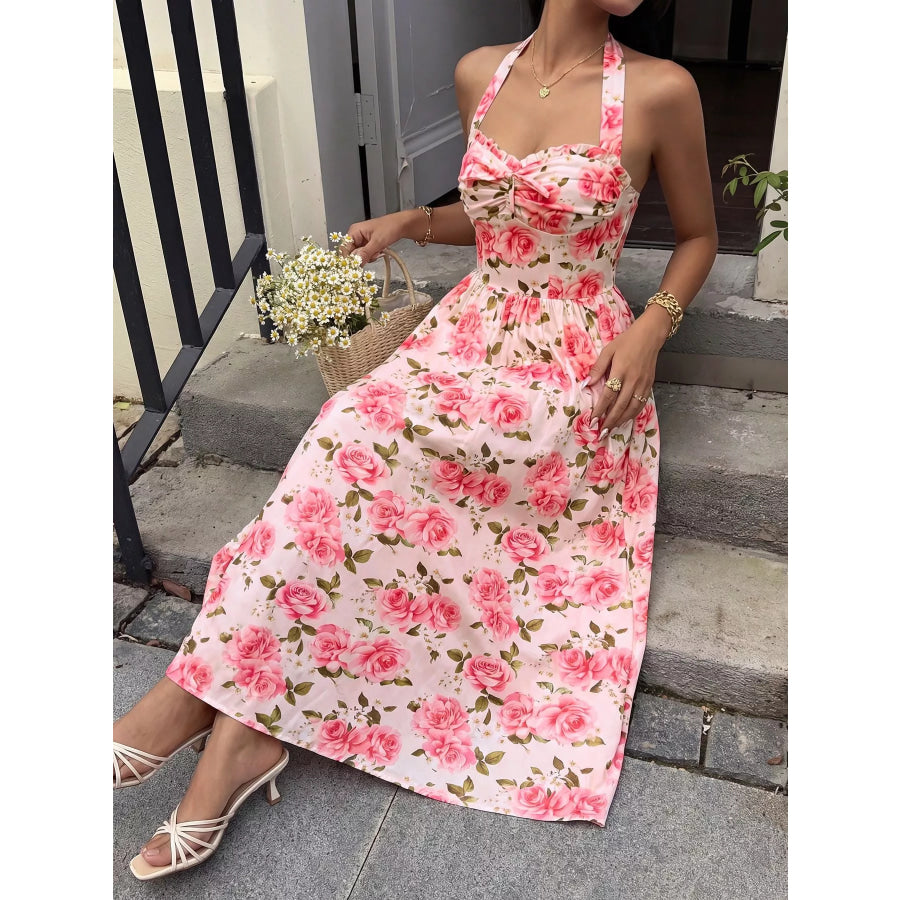 Floral Print Halter Neck Midi Dress Apparel and Accessories