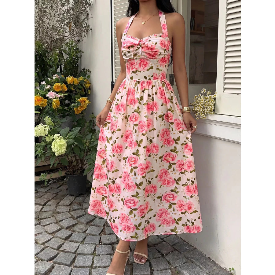 Floral Print Halter Neck Midi Dress Apparel and Accessories