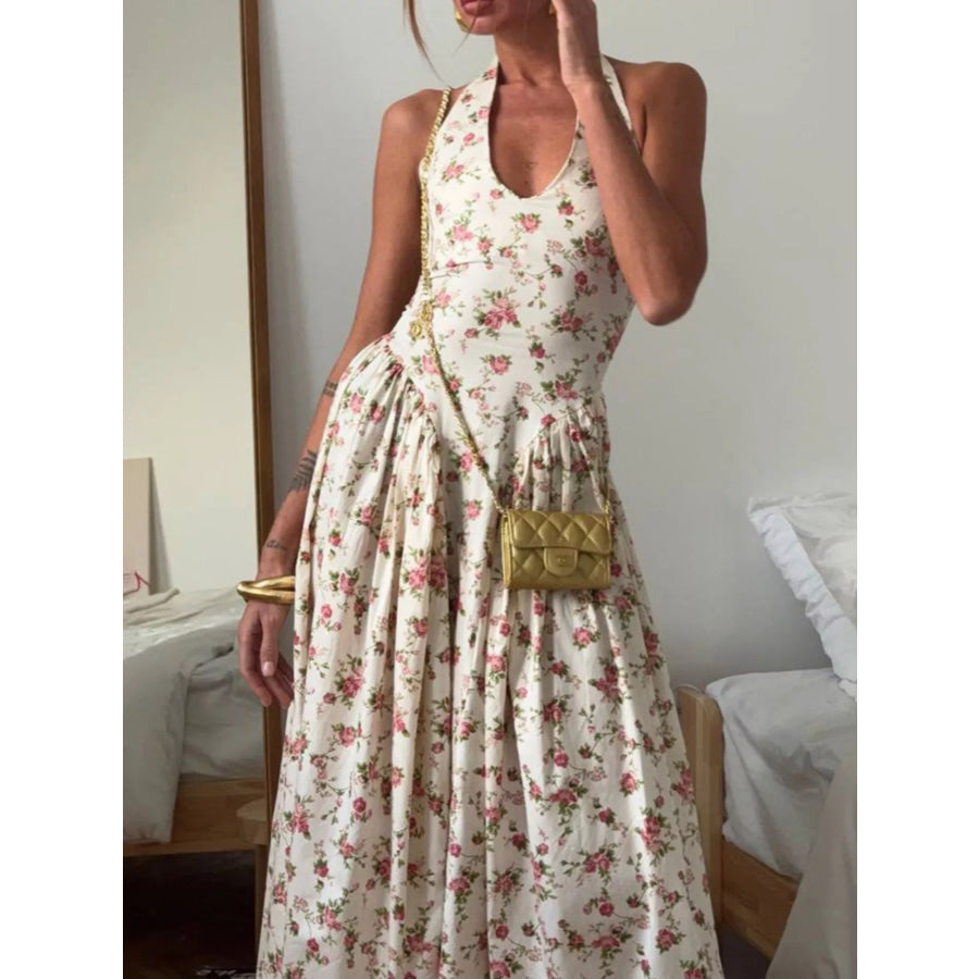 Floral Print Halter Neck Midi Dress Apparel and Accessories