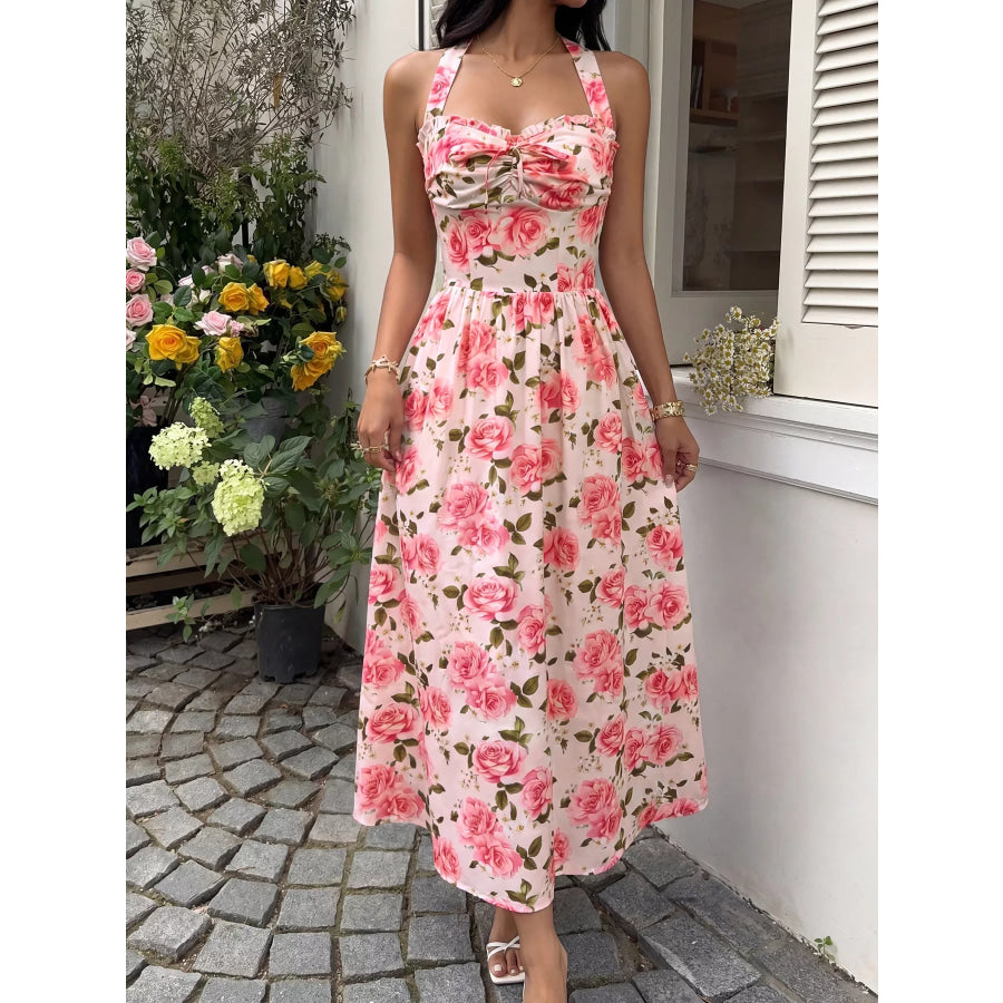 Floral Print Halter Neck Midi Dress Apparel and Accessories