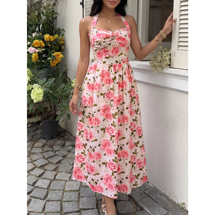 Floral Print Halter Neck Midi Dress Apparel and Accessories