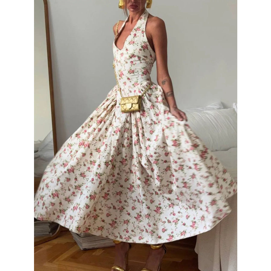 Floral Print Halter Neck Midi Dress Apparel and Accessories