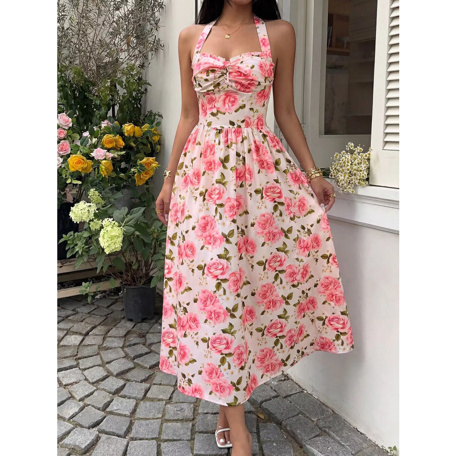 Floral Print Halter Neck Midi Dress Blush Pink / S Apparel and Accessories