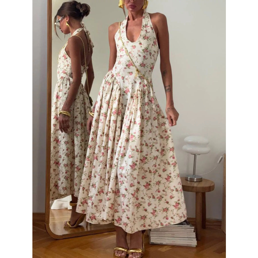 Floral Print Halter Neck Midi Dress Floral / S Apparel and Accessories