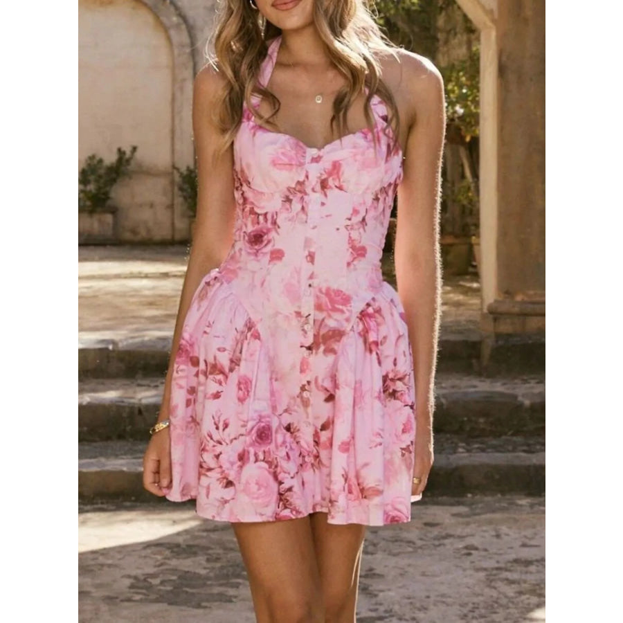 Floral Print Halter Neck Mini Dress Apparel and Accessories