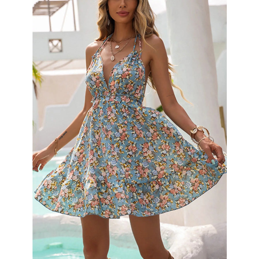 Floral Print Halter Neck Mini Dress Apparel and Accessories