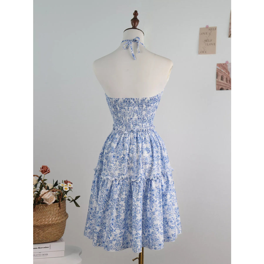 Floral Print Halter Neck Ruffle Hem Summer Dress Blue / One Size Apparel and Accessories