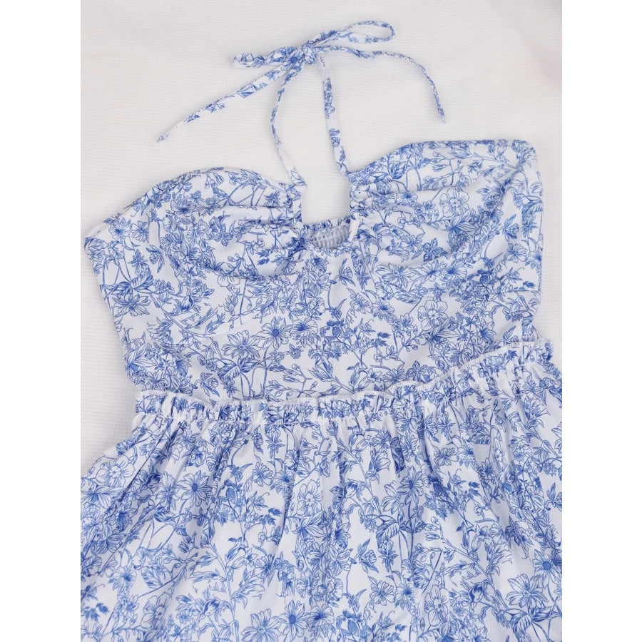 Floral Print Halter Neck Ruffle Hem Summer Dress Blue / One Size Apparel and Accessories