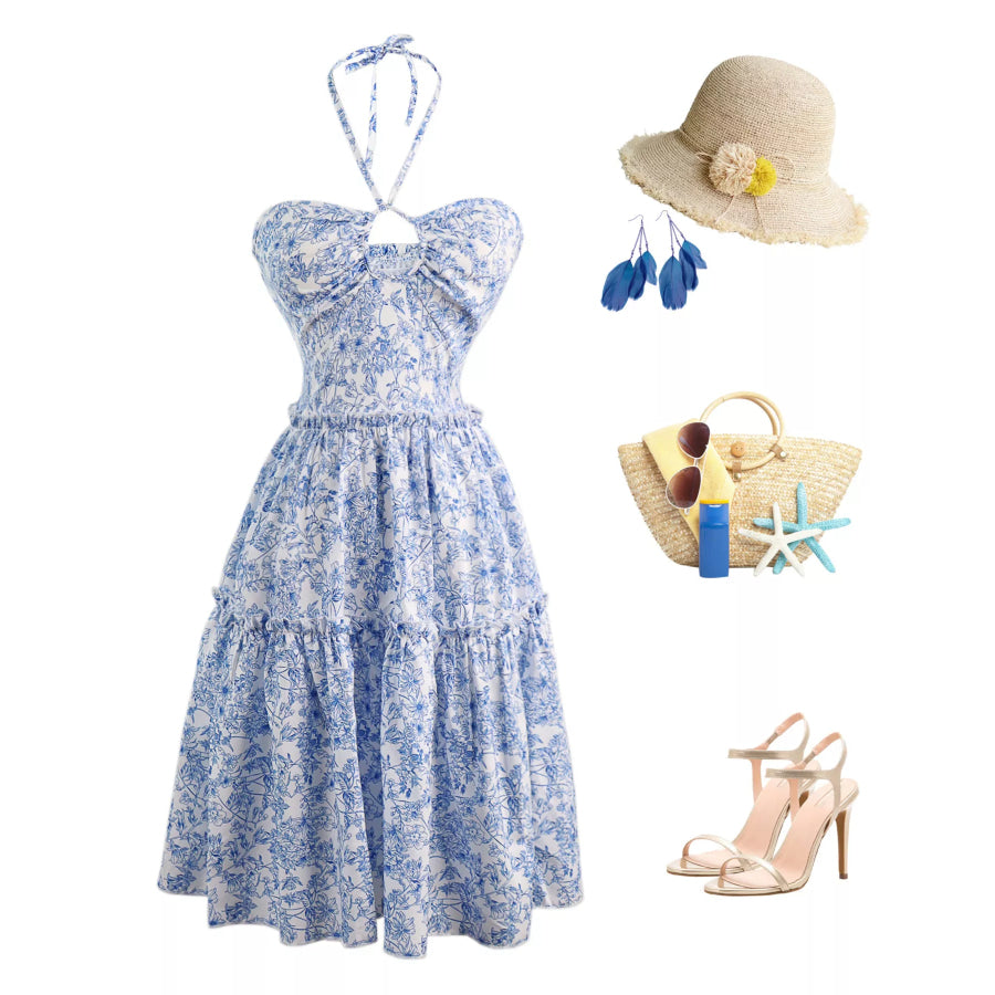Floral Print Halter Neck Ruffle Hem Summer Dress Blue / One Size Apparel and Accessories