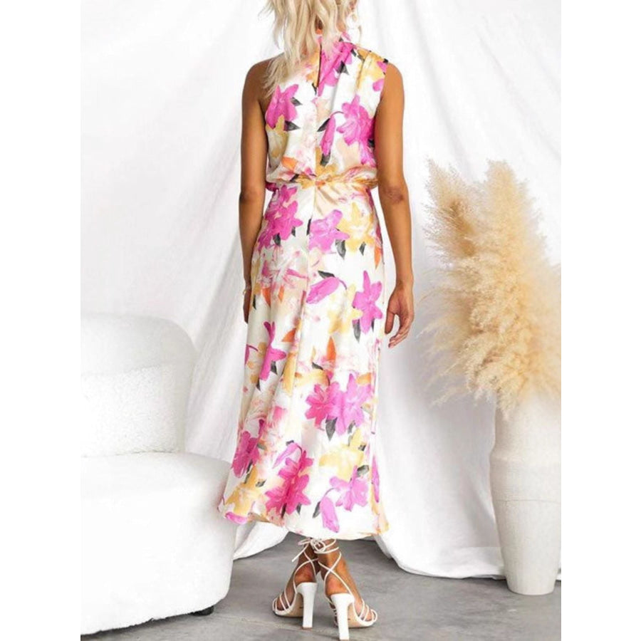 Floral Print High Neck Sleeveless Midi Dress Apparel and Accessories