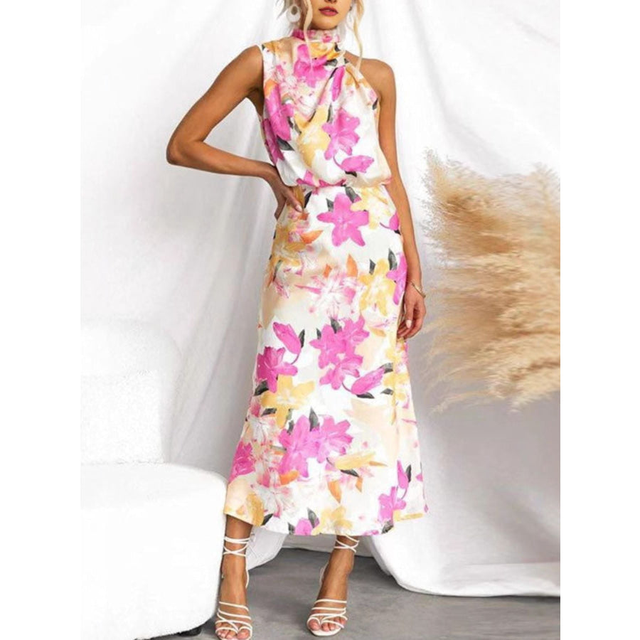 Floral Print High Neck Sleeveless Midi Dress Floral / S Apparel and Accessories