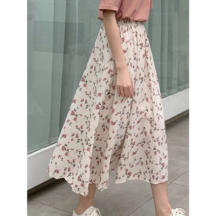 Floral Print High-Waisted A-Line Midi Skirt Apparel and Accessories
