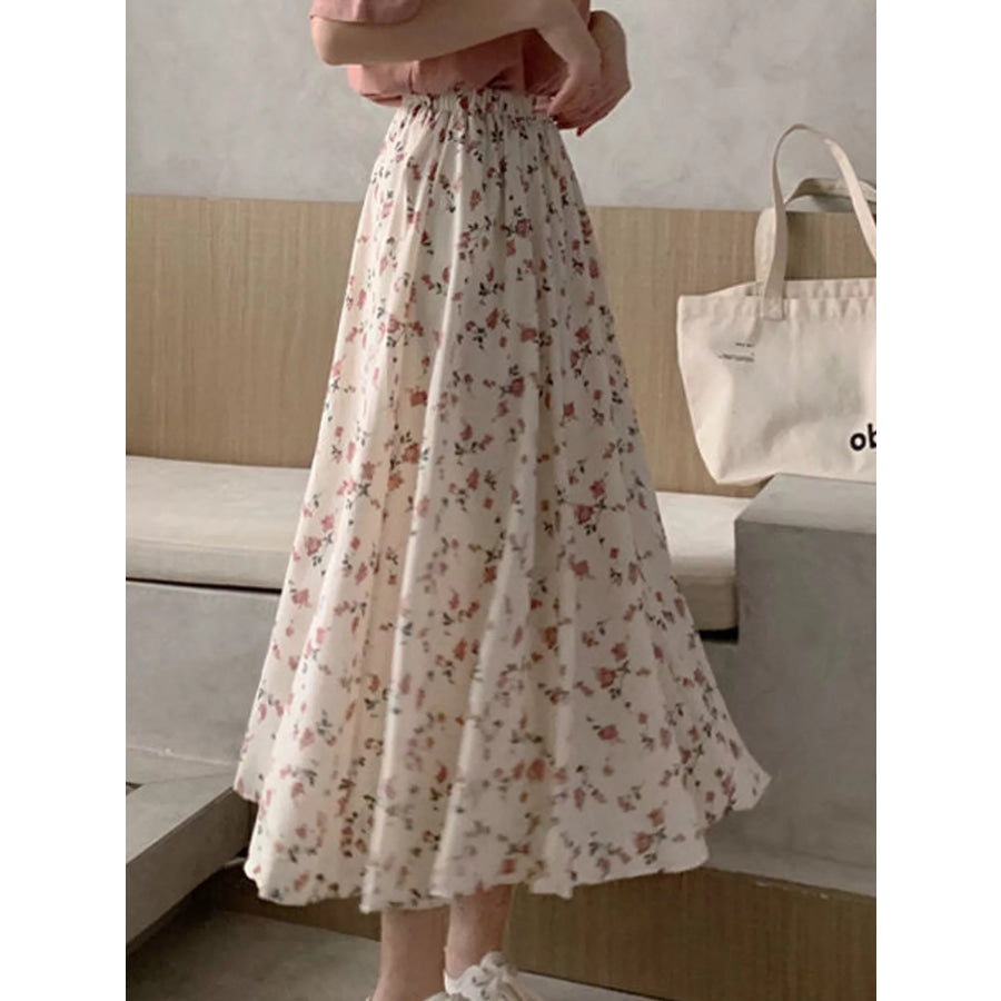 Floral Print High-Waisted A-Line Midi Skirt Apparel and Accessories