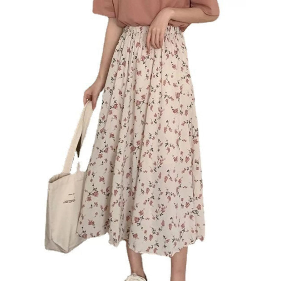 Floral Print High-Waisted A-Line Midi Skirt Apparel and Accessories