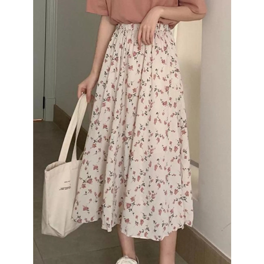 Floral Print High-Waisted A-Line Midi Skirt Apricot-Ditsy Dress / S Apparel and Accessories