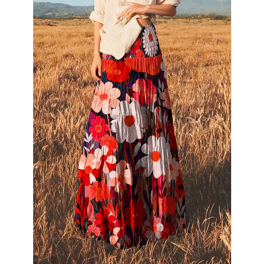 Floral Print High-Waisted Maxi Skirt Red / S Apparel and Accessories