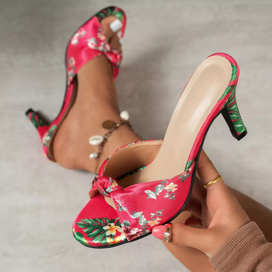 Floral Print Knot Decor Kitten Heel Sandals Apparel and Accessories