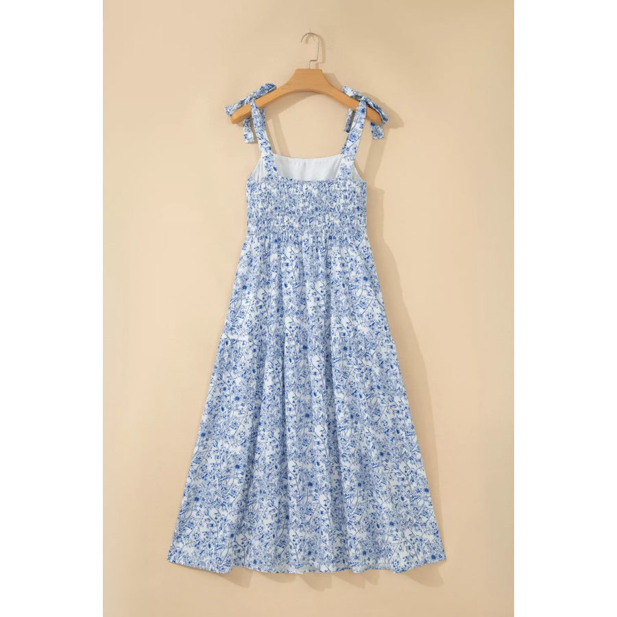 Floral Print Knot Straps High Waist Flared Maxi Dress Apparel and Accessories