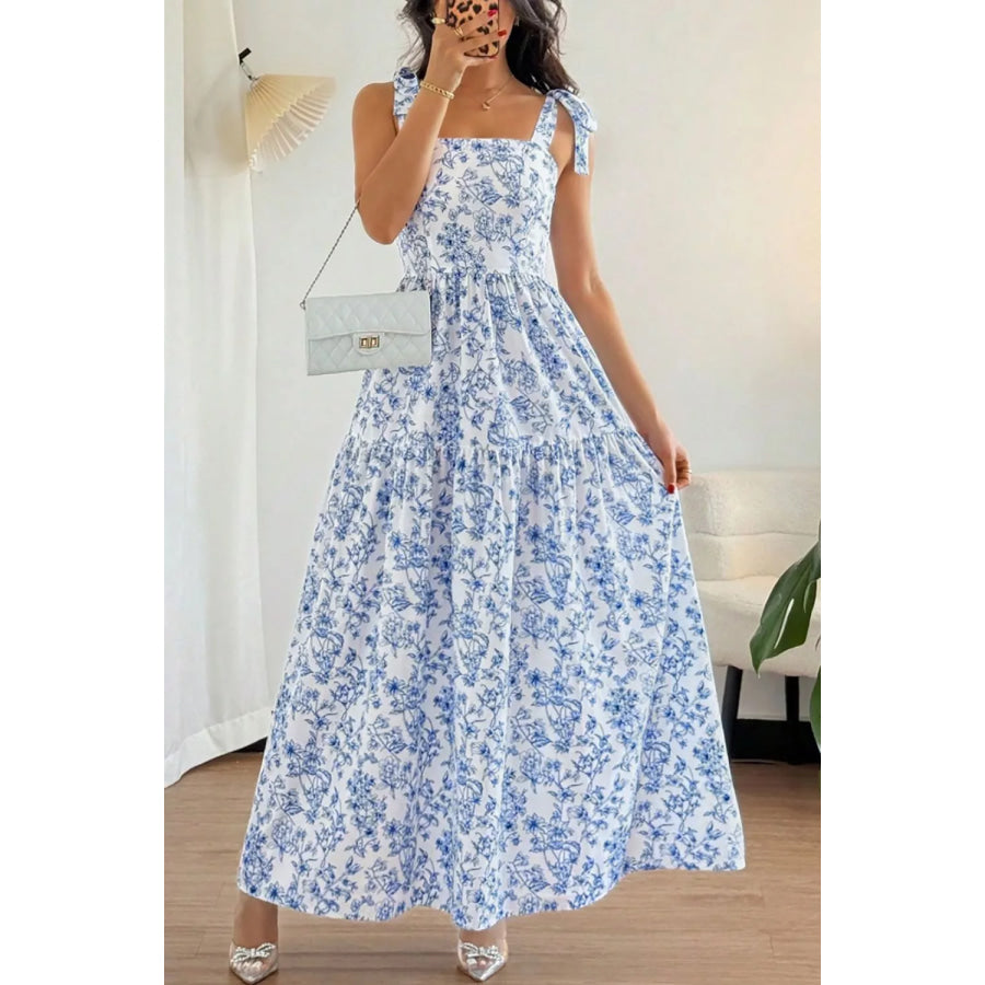 Floral Print Knot Straps High Waist Flared Maxi Dress Apparel and Accessories