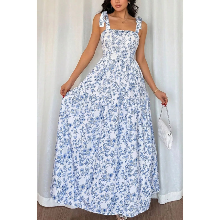 Floral Print Knot Straps High Waist Flared Maxi Dress Apparel and Accessories